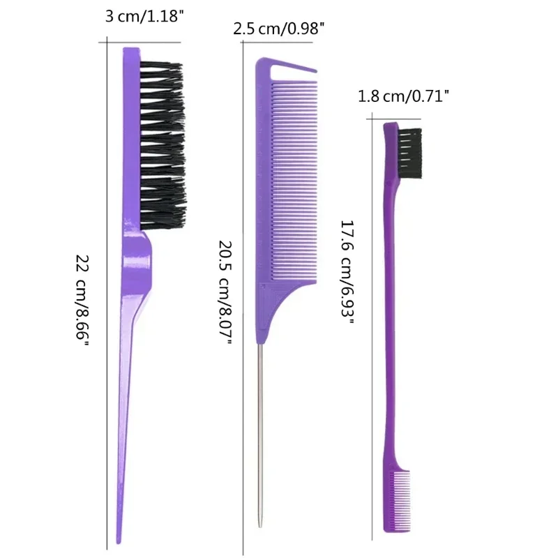 Set di pettini per styling da 3 pezzi pettine per stuzzicare pettine triplo per stuzzicare pettine per coda di topo strumento per spazzolare i bordi della coda dei capelli, speciale per parrucche di capelli veri