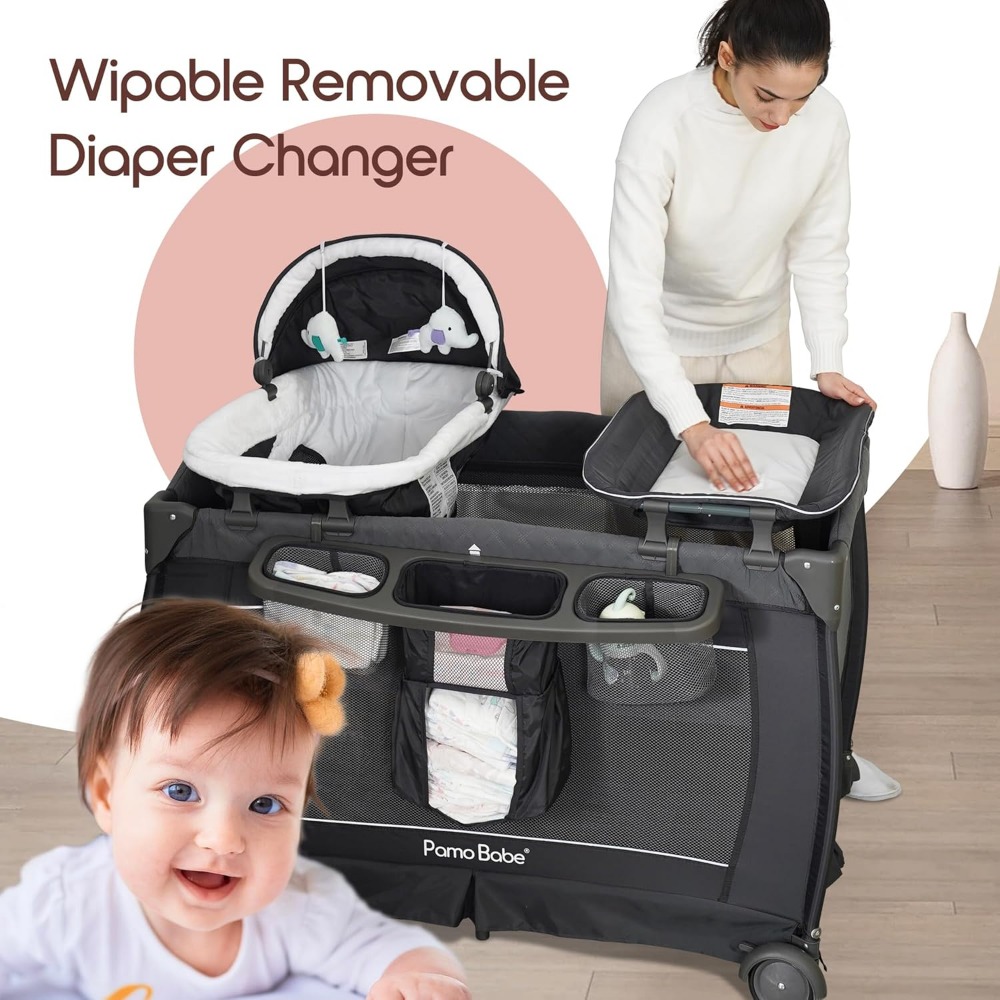 Deluxe Nursery Center, Foldable Playard for Baby & Toddler, Bassinet, Mattress, Changing Table for Newborn(Black)