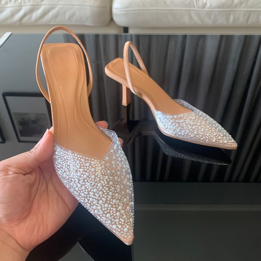 2024 แฟชั่นฤดูร้อนผู้หญิงรองเท้าส้นสูงเพิร์ลตกแต่ง Slingback ผู้หญิงปั๊มชี้ Toe รองเท้าส้นสูงรองเท้าแตะ Elegant รองเท้าผู้หญิง
