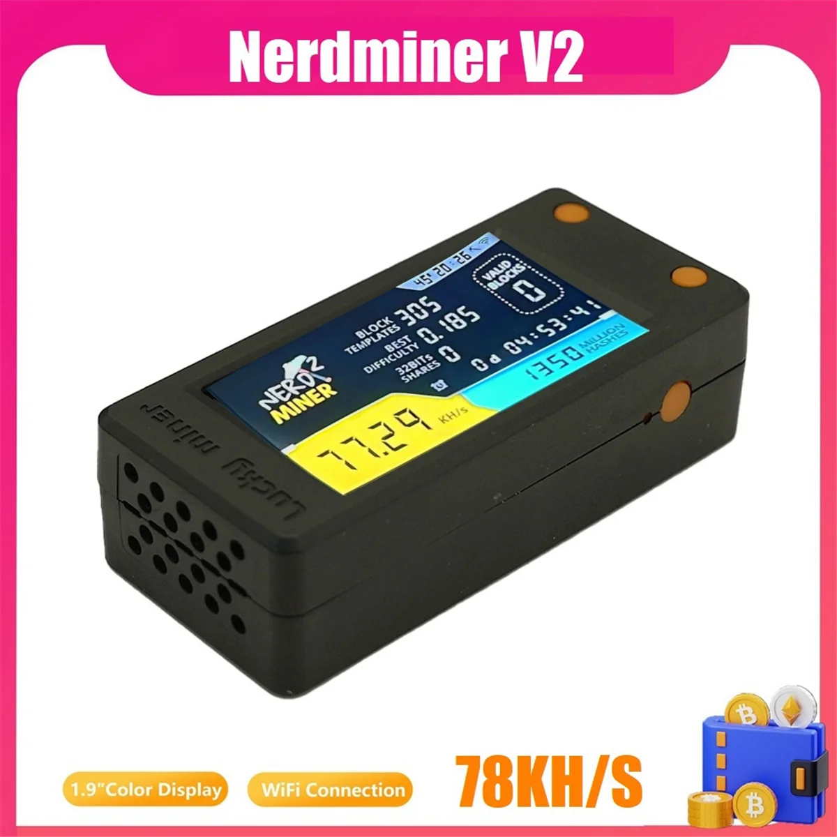 SuperDeals Nerdminer V2 78KH/S BTC Solo Lottery Miner com Display LCD Bitcoin BTC Crypto Miner ASIC Mineração Miner Silencioso