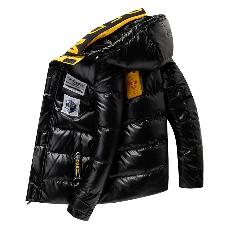 2023 ใหม่Brightหนังผู้ชายThickenเสื้อแจ็คเก็ตฤดูหนาวที่อบอุ่นสบายๆParka Outwearฤดูใบไม้ร่วงกันน้ําHooded Coatเสื้อผ้า