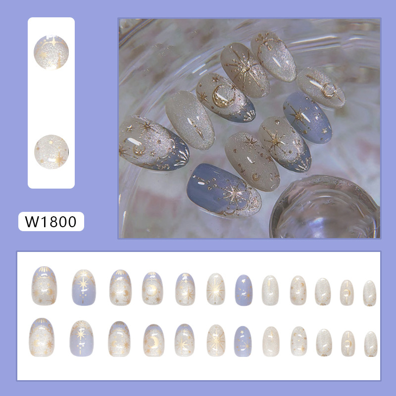 24 Uds. De uñas románticas Y2k con forma de estrella, gradiente azul, estilo francés, diseños de Luna dorada, uñas postizas de almendra dulce para mujer