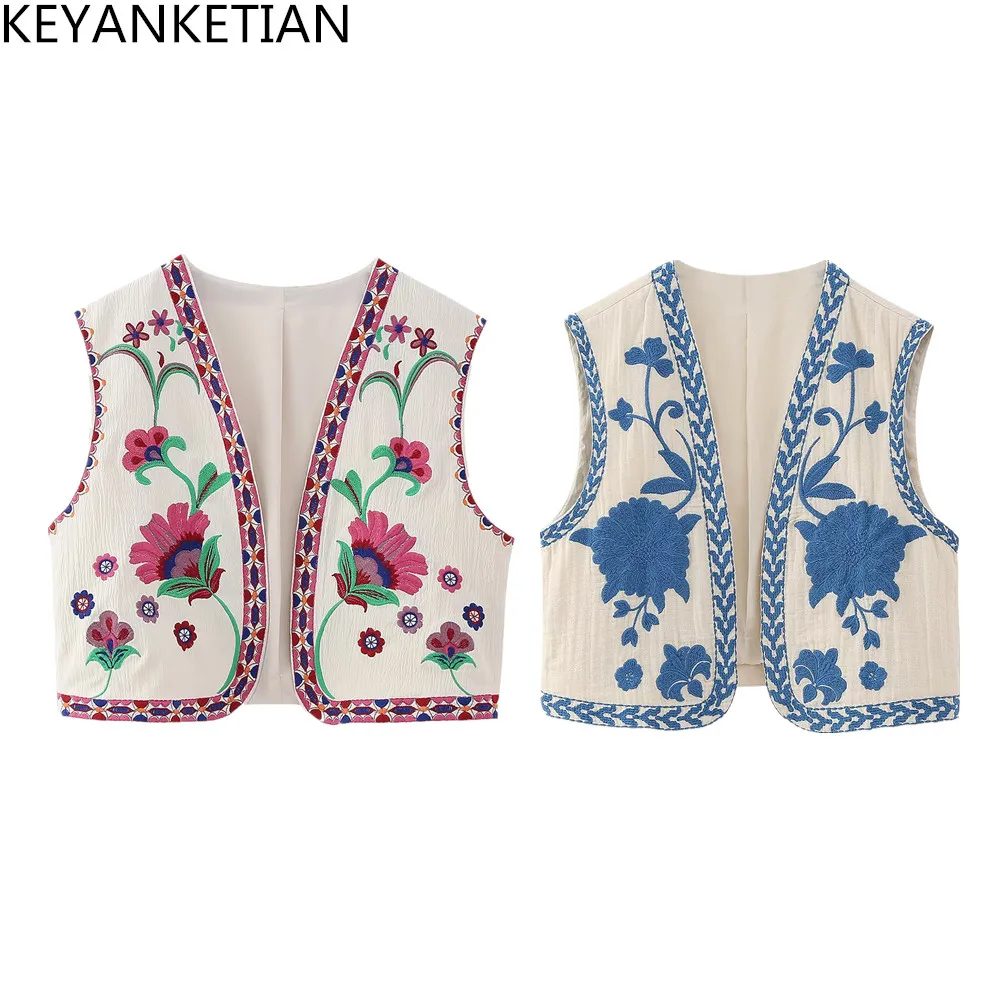 Keyanketian feminino vintage floral bordado aberto colete senhoras estilo nacional colete jaqueta roupas casuais férias topo de colheita
