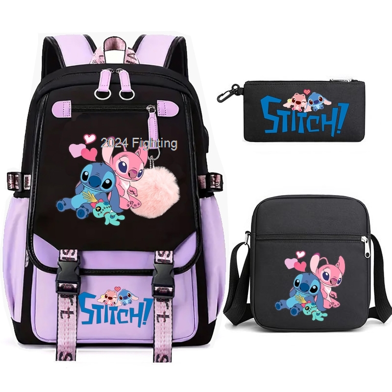 Mochilas escolares Lilo y Stitch para adolescentes y niñas, Mochilas de lona USB, capacidad para ordenador portátil para estudiantes, Mochilas de viaje de dibujos animados para hombres y mujeres, 3 uds.