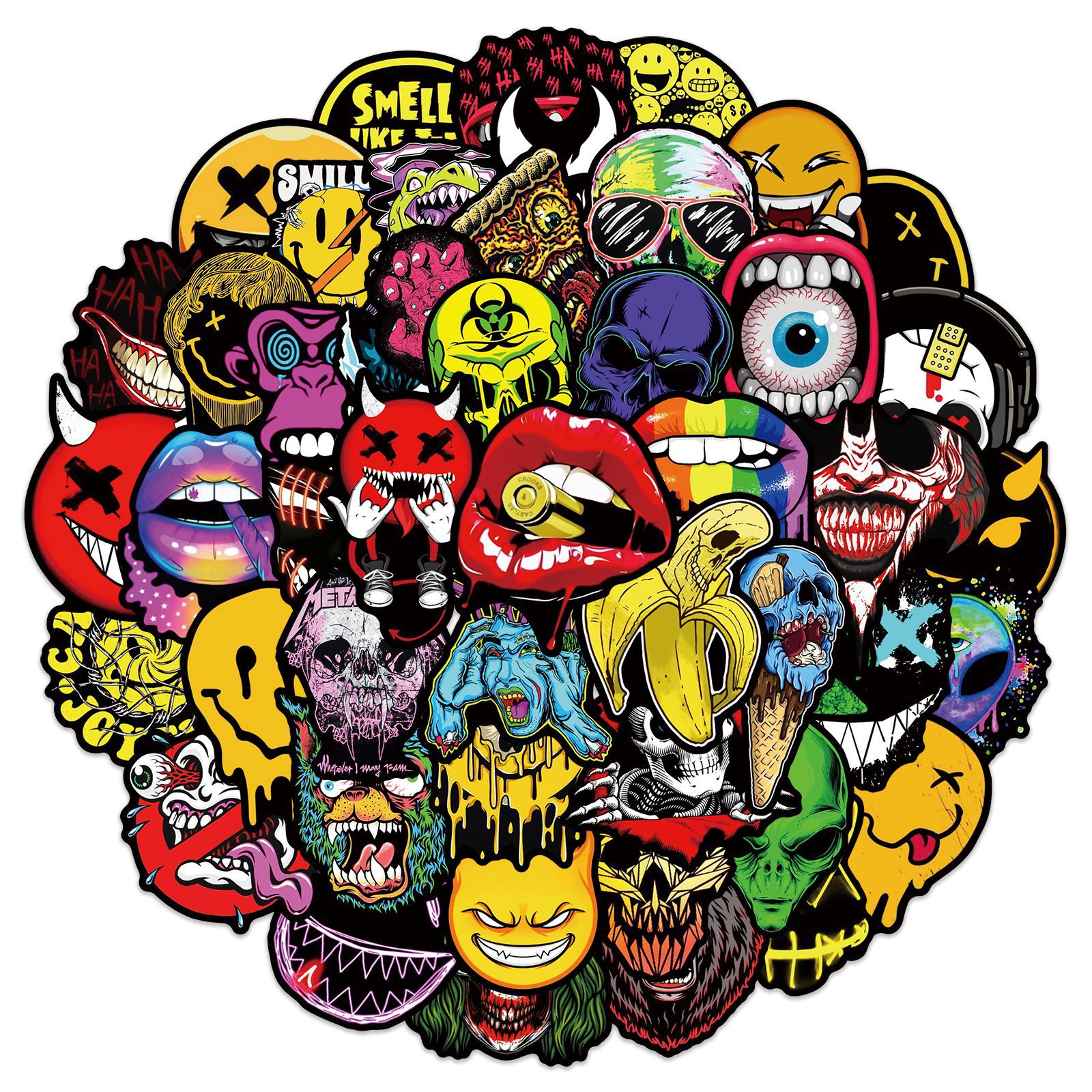 50 Pcs Halloween Horror Face Graffiti Stickers for Scooters, Trolley Boxes, Cars, Motorcycles, Helmets, Waterproof Stickers