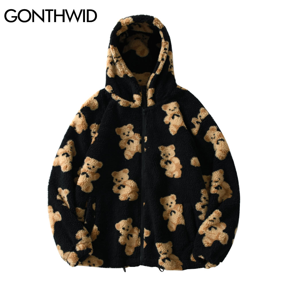 GONTHWID Fleece Mit Kapuze Jacken Streetwear Casual Harajuku Hip Hop Männer Frauen Mode Bär Drucken Full Zip Mit Kapuze Mantel Tops Outwear
