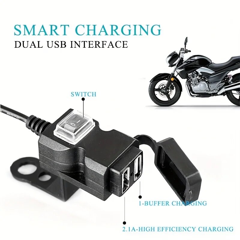 Adaptador de carregador USB duplo para motocicleta, espelho retrovisor, tomada de alimentação à prova d'água para iPhone, Samsung, Huawei, 1Pc