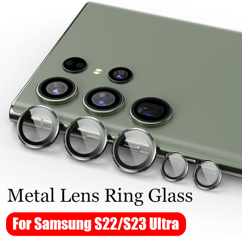Funda de cristal con anillo de lente de Metal para Samsung S24 S23 Ultra S22 Plus, Protector de pantalla de lente de cámara para Samsung Galaxy S25, cubierta de lente