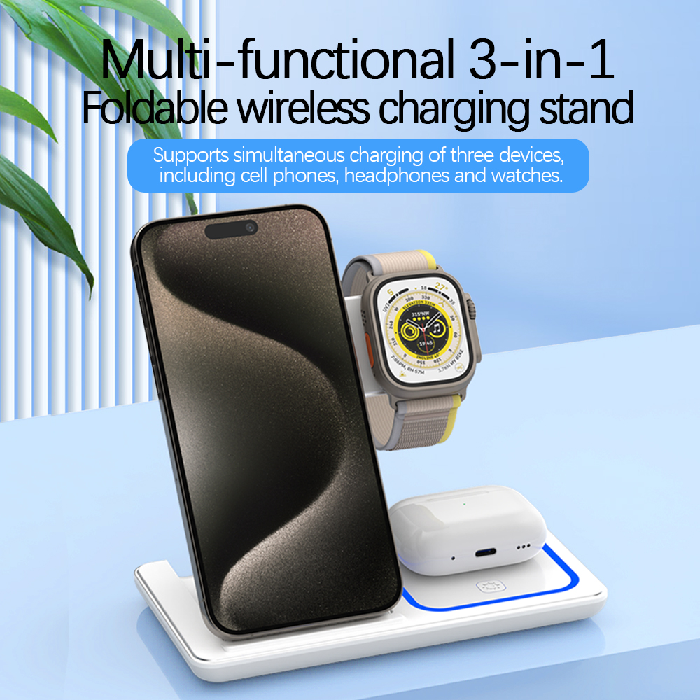 30 W LED-Schnellladestation für kabelloses Ladegerät, 3-in-1, faltbare Ladestation für iPhone 15 14 13 12 11 Apple Watch 9 8 7 6 5 Airpods Pro