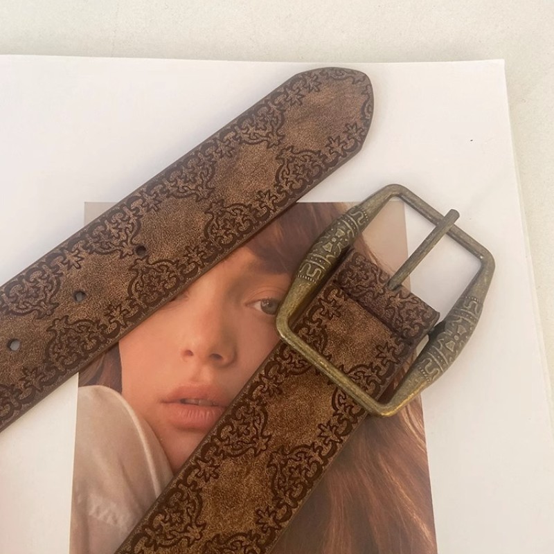 Cinturón con estampado Vintage para mujer, cinturón de estilo étnico versátil, faja de moda de cuero PU, estilo Y2K, hebilla de Pin, pretina para Jeans