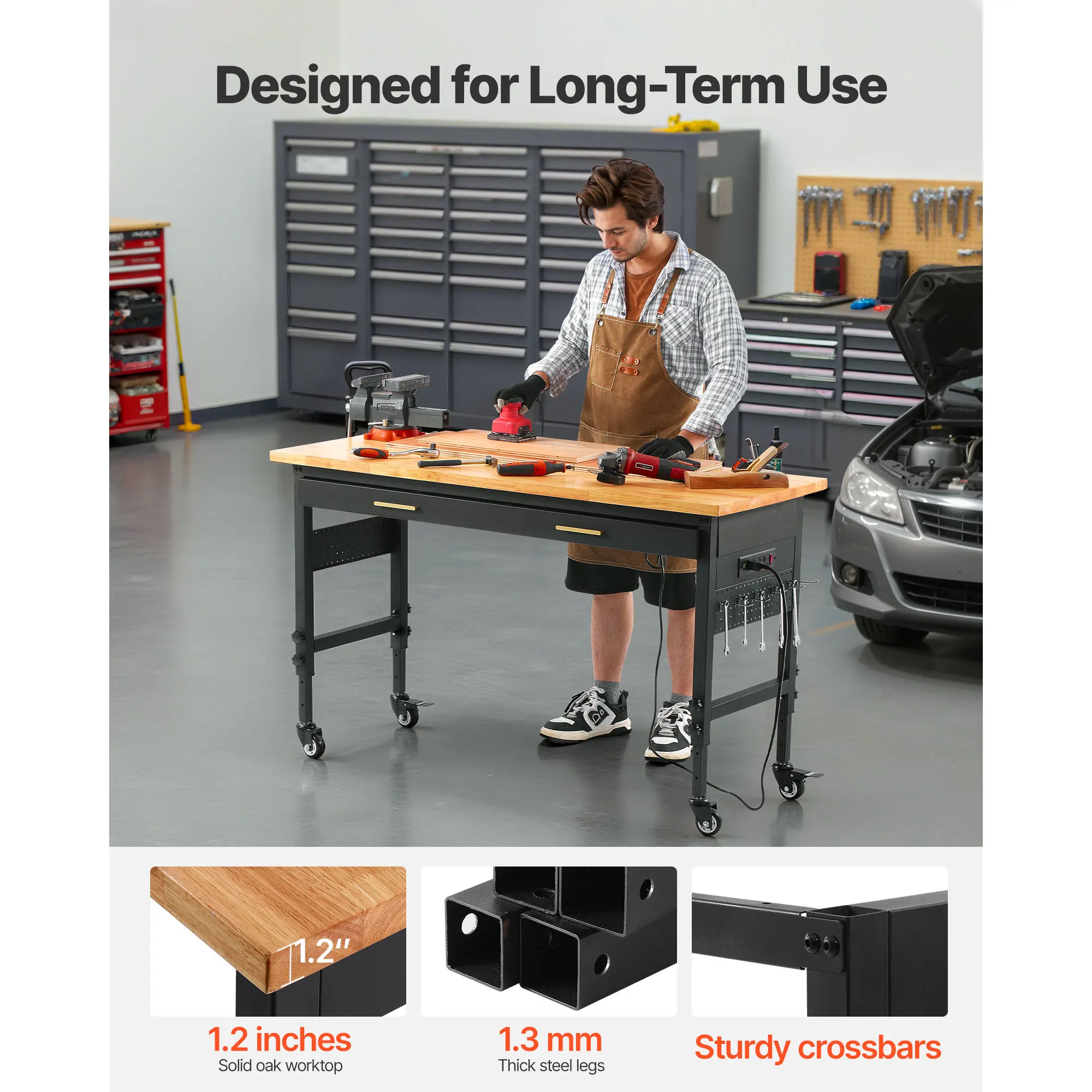 SucceBuy 1500 lbs Adjustable Garage Workbench with Drawer & Pegboard Oak Wood Top Work Table Bench for Workshop Office Working