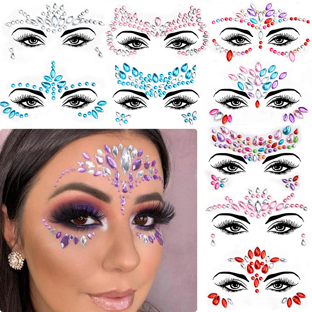 Autocollants de tatouage de visage de biscuits 3D, cristal scintillant coloré, tatouages temporaires pour le festival, la fête, les femmes, les gemmes sexy, le bijou, 1pc
