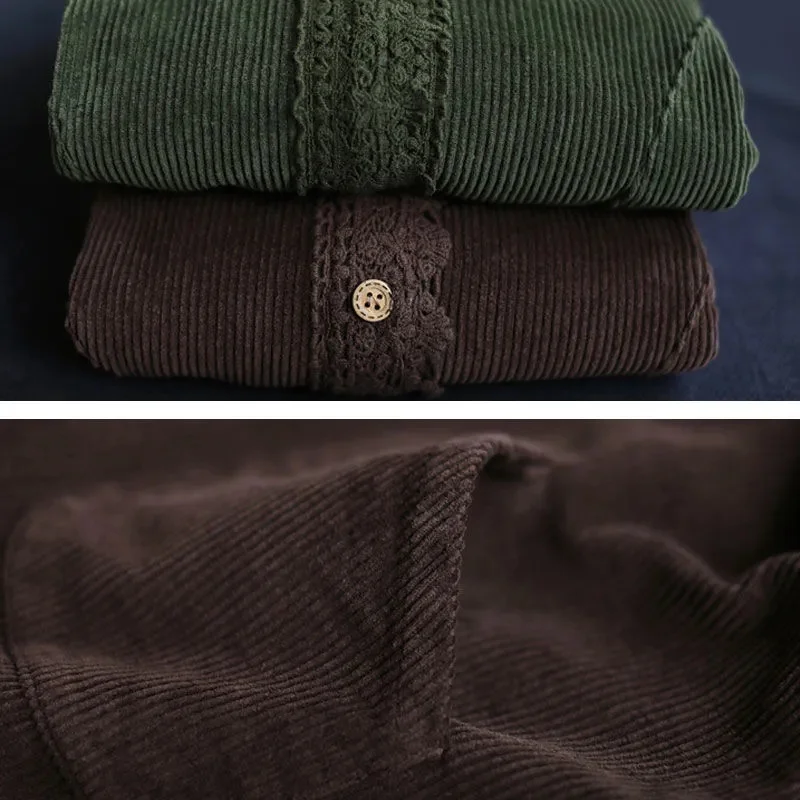 หลวมวรรณกรรมแขนยาวรอบคอเสื้อแจ็คเก็ตสตรี 2022 ฤดูใบไม้ผลิใหม่สีทึบCorduroyลูกไม้All-Matchเสื้อสั้นเย็บ