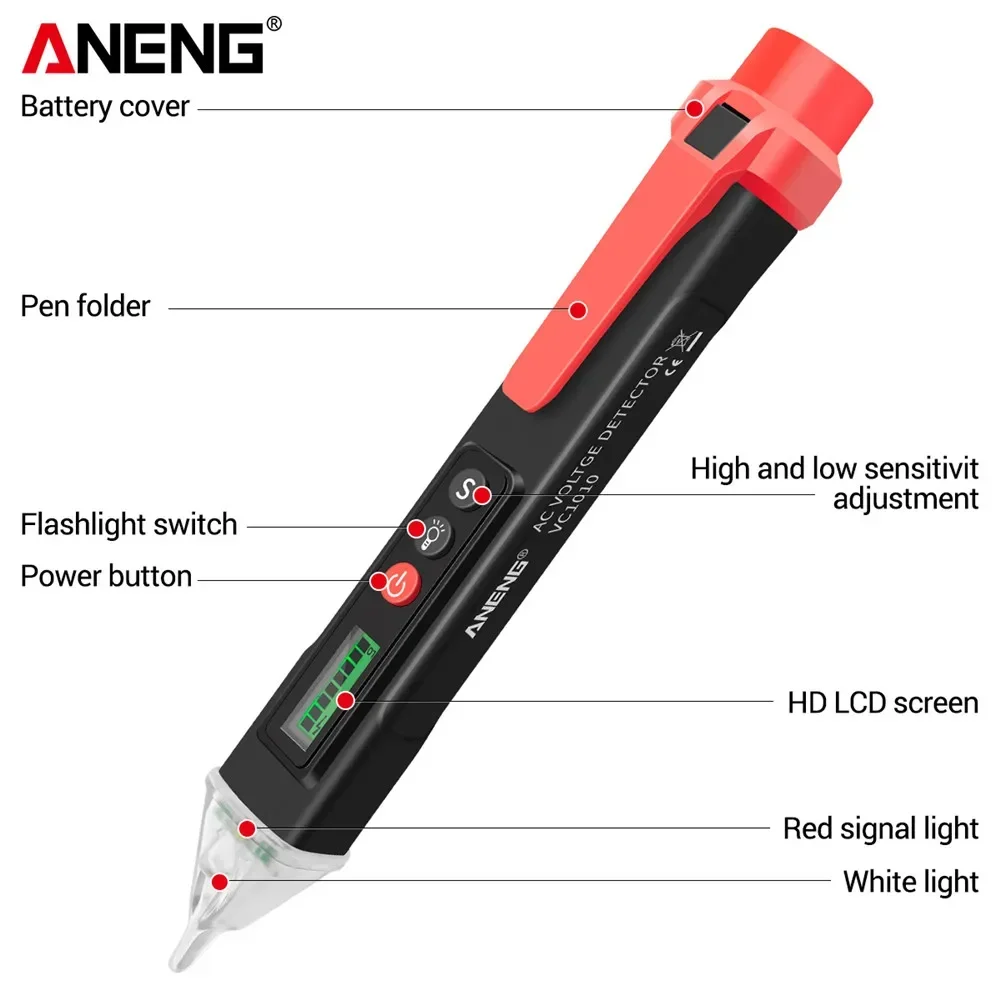 ANENG VC1010 เครื่องตรวจจับแรงดันไฟฟ้าแบบดิจิตอลปากกา 12-1000V แรงดันไฟฟ้า AC แบบไม่สัมผัสศูนย์ไฟสายไฟฟ้าเซนเซอร์เครื่องมือทดสอบ
