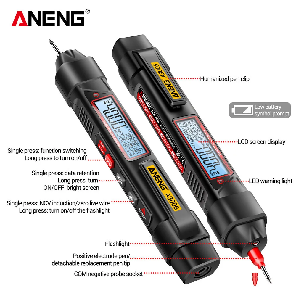 ANENG A3006 4000 Counts Multifunktionales Stifttyp-Multimeter AC/DC-Spannungsprüfer Ohm Hz Null Feuerleitungsdetektor Elektrowerkzeuge