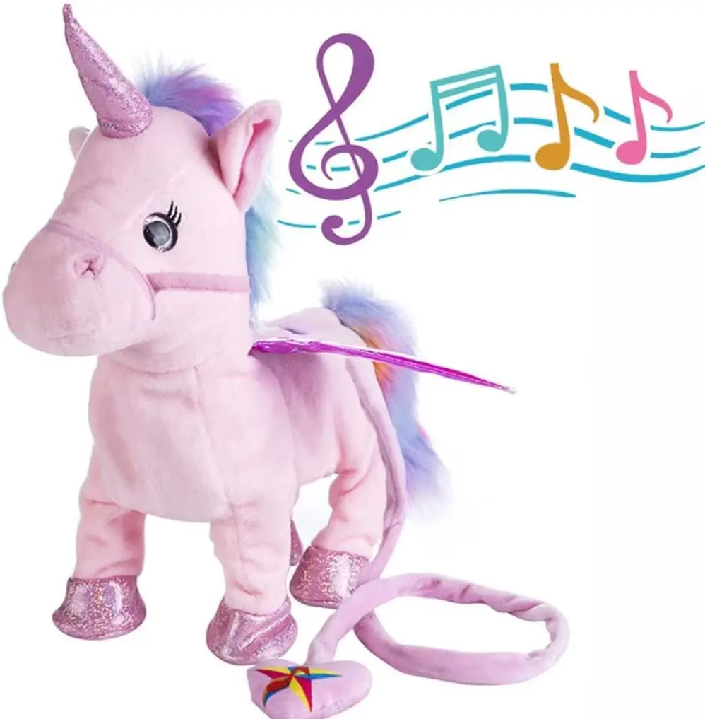 Muñeca de peluche electrónica con lentejuelas para niños pequeños, juguete de unicornio para caminar y cantar, 35cm, regalo de cumpleaños