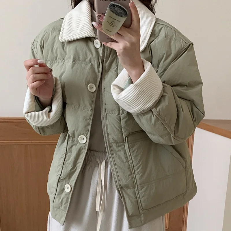 Jaqueta chique com retalho cortado para mulheres, jaqueta acolchoada de algodão, casaco leve com bolso, manga longa, casacos quentes, outono e inverno