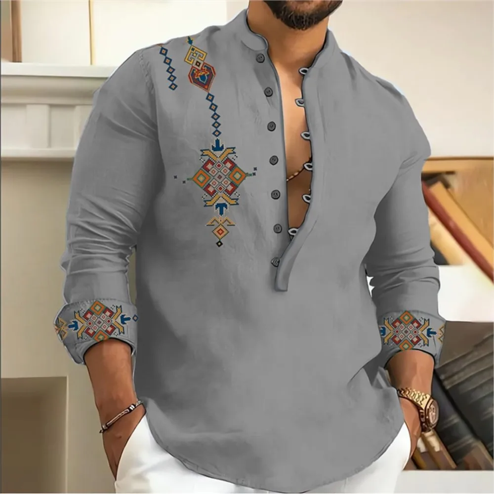 2025 verão camisa havaiana masculina de manga comprida lapela oversized 3d retro muçulmano roupas masculinas sazonal disfraz hombre
