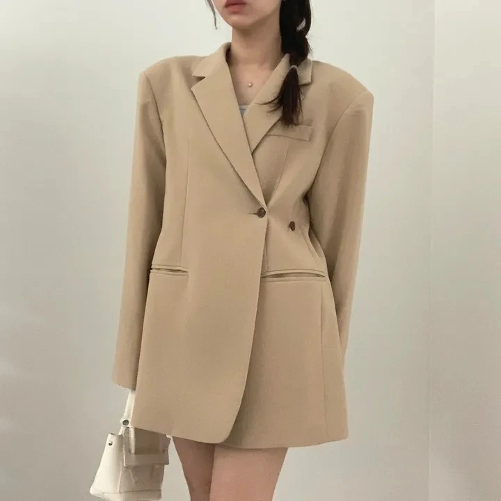カジュアルルーズ韓国スタイルスーツジャケット非対称デザインオープンスプリットワンボタンシンプルな秋のファッション女性のビジネスコート