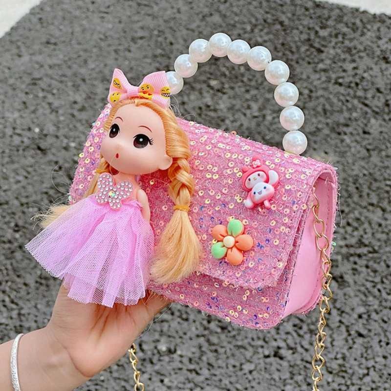 Dulce princesa bolsos de hombro pequeños mango de perla bolso cruzado de cadena para niños muñeca encantadora bolsos para niñas accesorios monedero