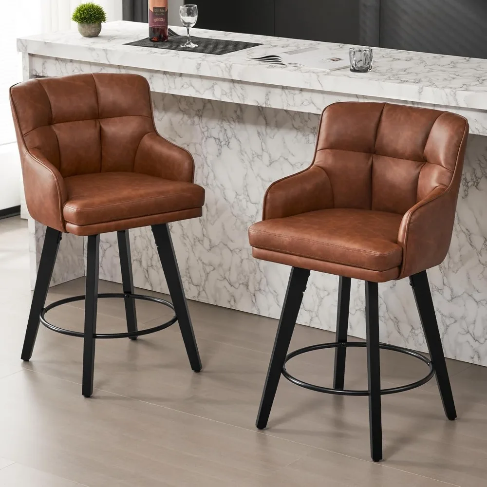 Swivel Counter Height Bar Stools with Back, Solid Wood Legs, Bar Stool Modern Kitchen Island Chairs, Faux Leather