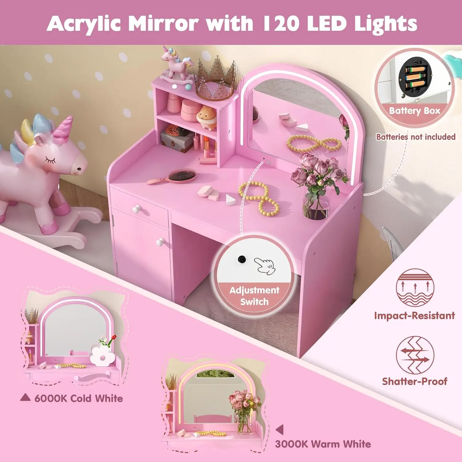 Kids Vanity Set with Lighted Mirror, Toddler Makeup Dressing Princess Table & Chair Set with Shelves, Drawer & Cabinet, Pretend