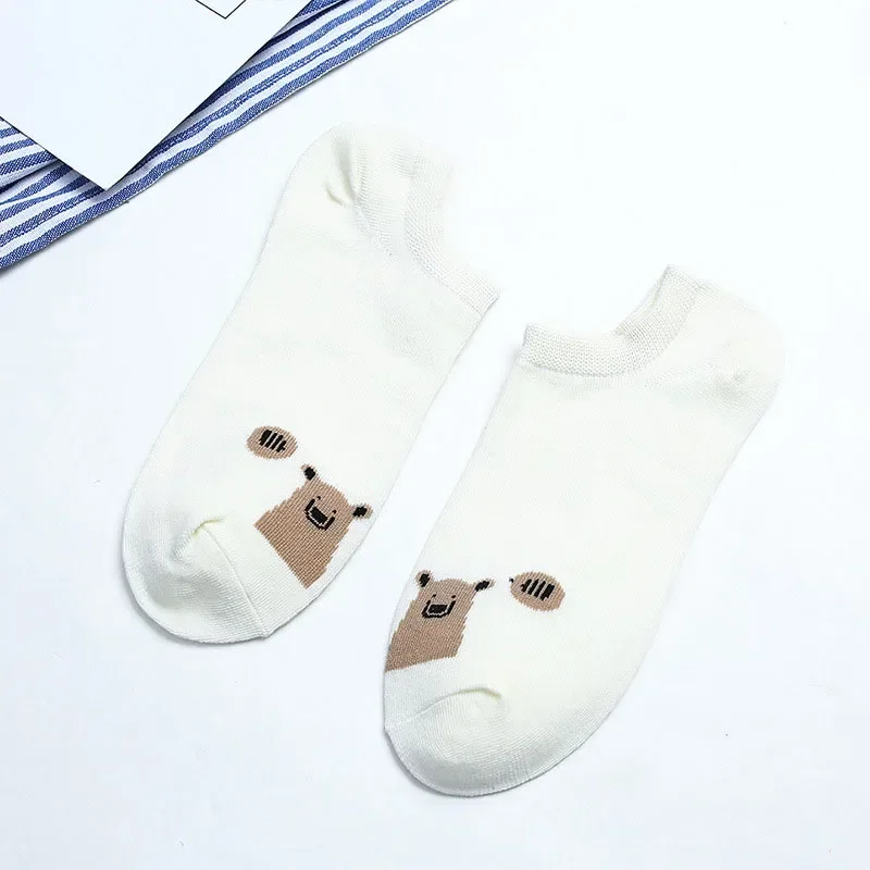 Calcetines tobilleros cortos a la moda para mujer, calcetines náuticos de oso de verano con viñetas de animales, bonitos calcetines Kawaii de algodón transpirables para primavera Harajuku