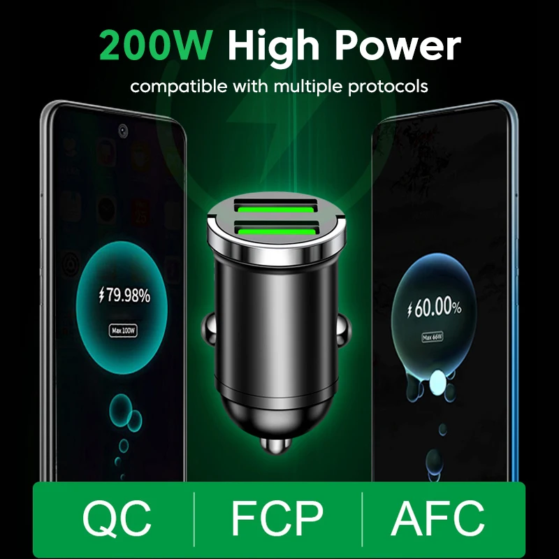 Ładowarka samochodowa 200 W z podwójnym portem USB do szybkiego ładowania iPhone'a QC3.0 Mini USB Ładowarka samochodowa do telefonu Xiaomi Samsung Huawei Honor