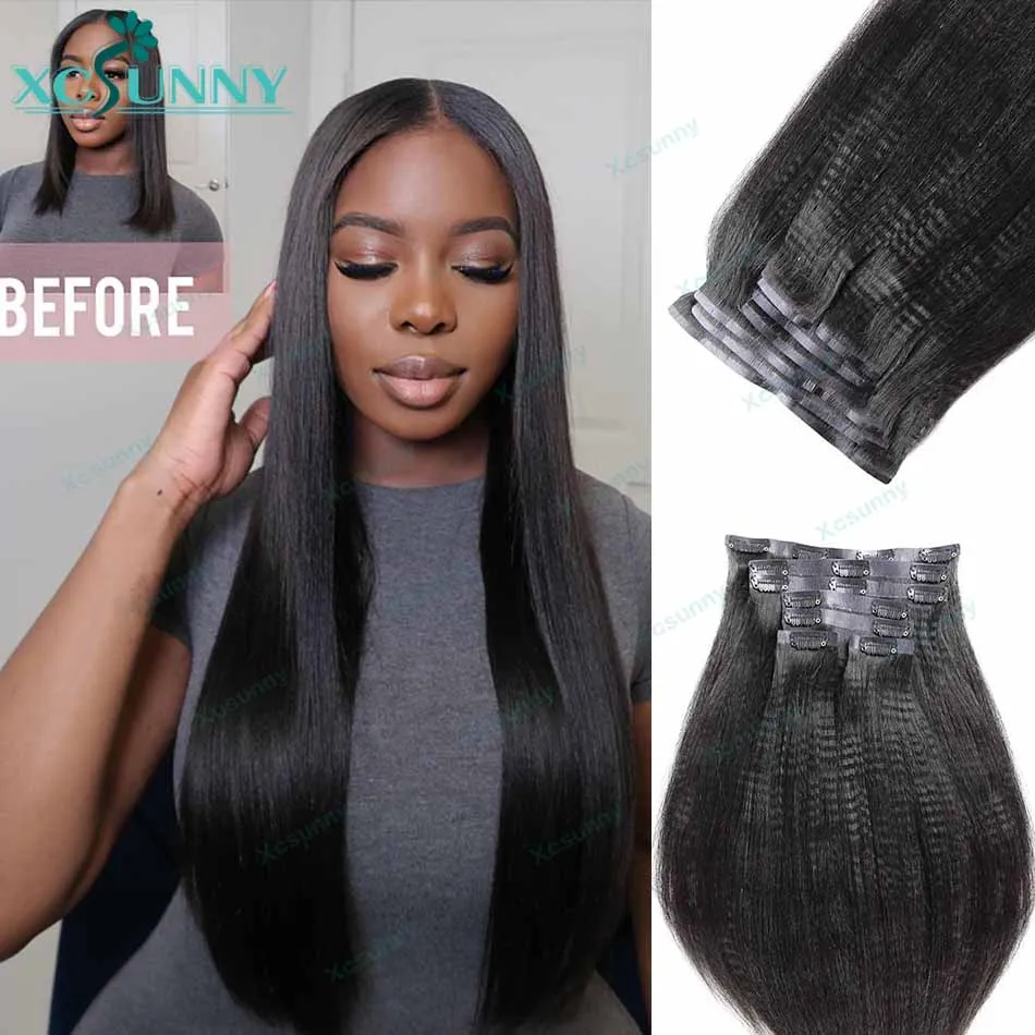 Yaki clipe reto sem costura em extensões de cabelo humano clipe do plutônio ins yaki cabelo humano atacado birmanês clipin extensões de cabelo