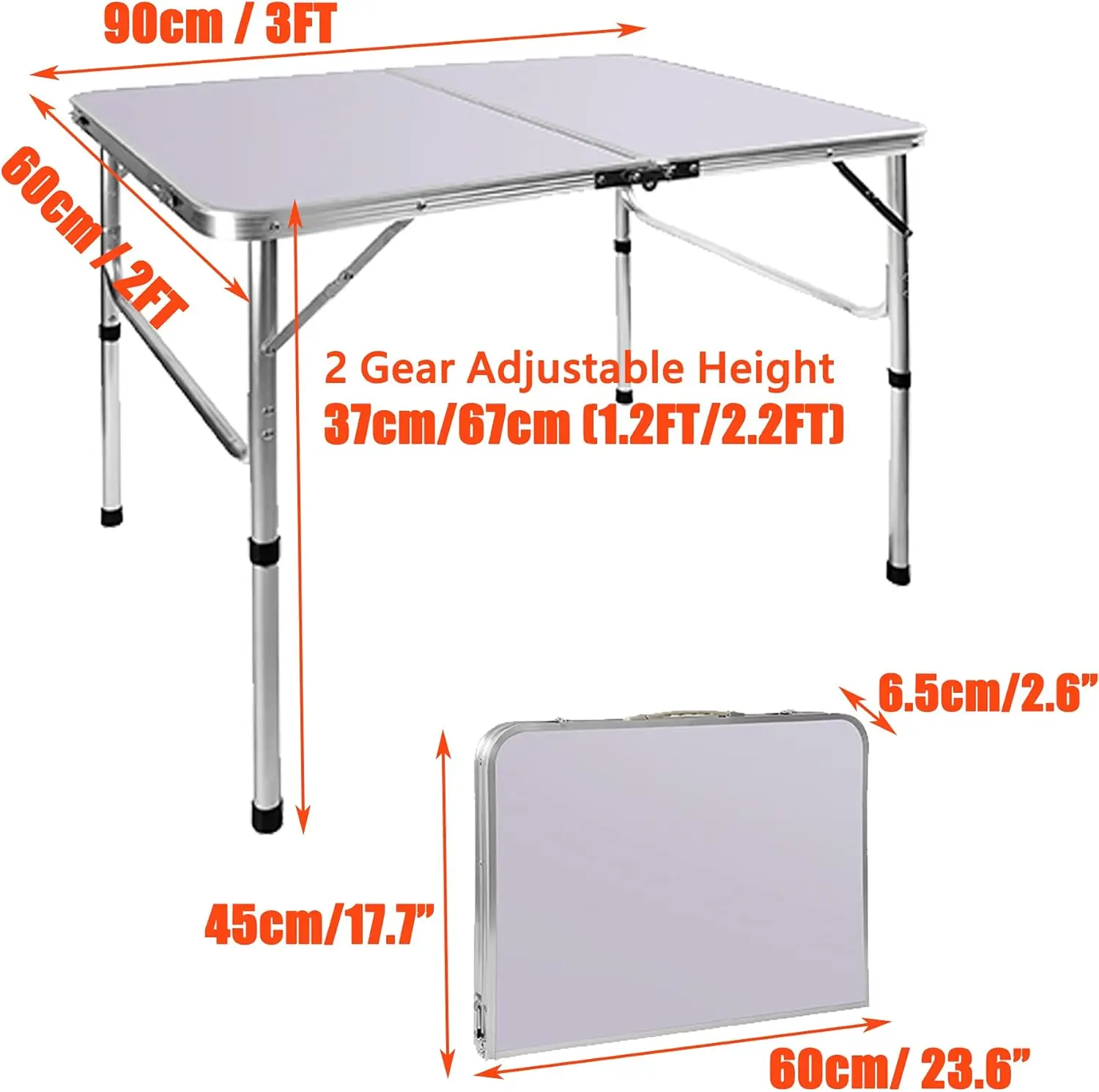 EFAN Picnic Folding Tables,3FT Heavy Duty Aluminium Portable 90x60x37/67cm Adjustable Height Lightweight for Camp+Carry Handle