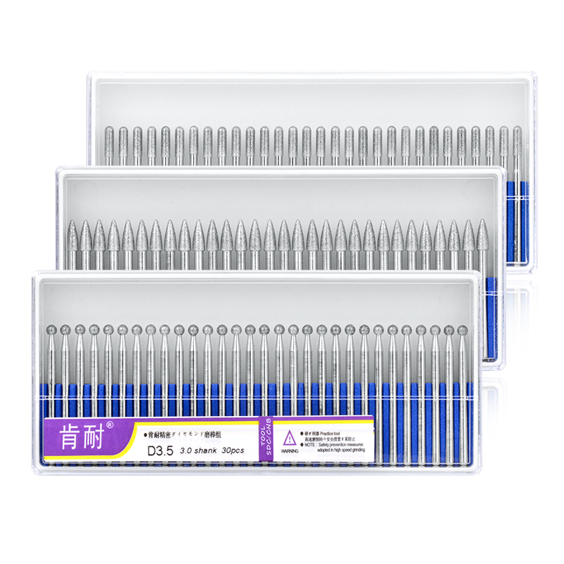 30Pcs 3mm Shank Diamond Grinding Head Polished Needle Jade Stone Carving Engraving Tool Nail File Drill Bit Rotary Tools