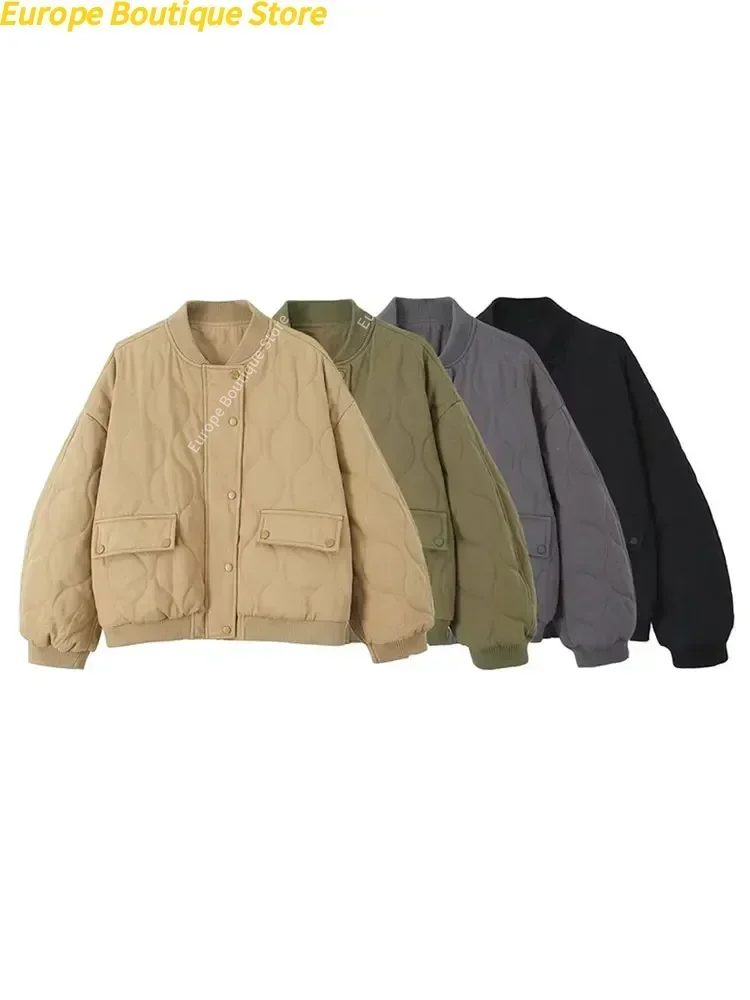 Gesteppte einreihige graue Damen-Baumwolljacke, lässige Tasche, Stehkragen, langärmelige Mäntel, Herbst-Winter-Pendler-Oberbekleidung