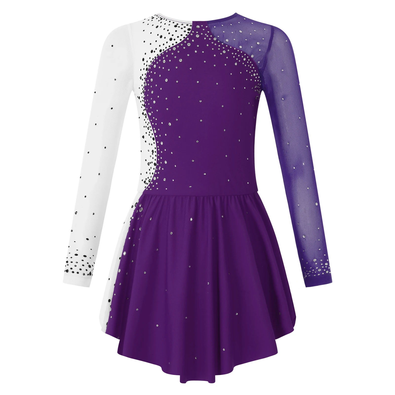 Abito da pattinaggio su ghiaccio con strass per bambina, manica lunga, giuntura in rete, balletto, danza, ginnastica, body, performance, costume da ballo
