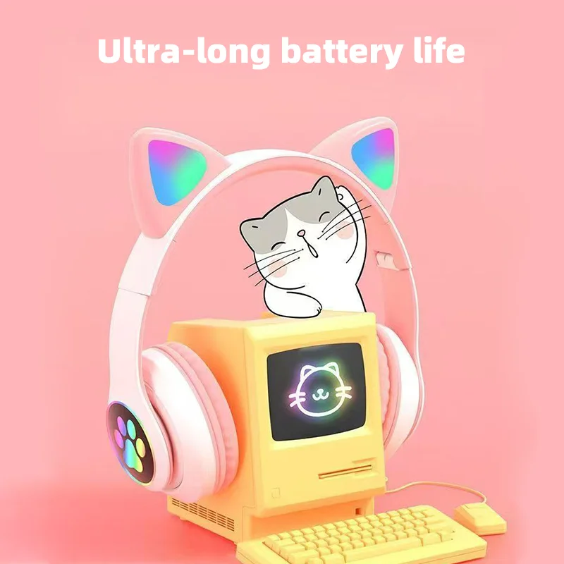 P47M auriculares inalámbricos luz de Flash lindo gato Bluetooth con Control de micrófono LED estéreo música casco teléfono Bluetooth auriculares regalo