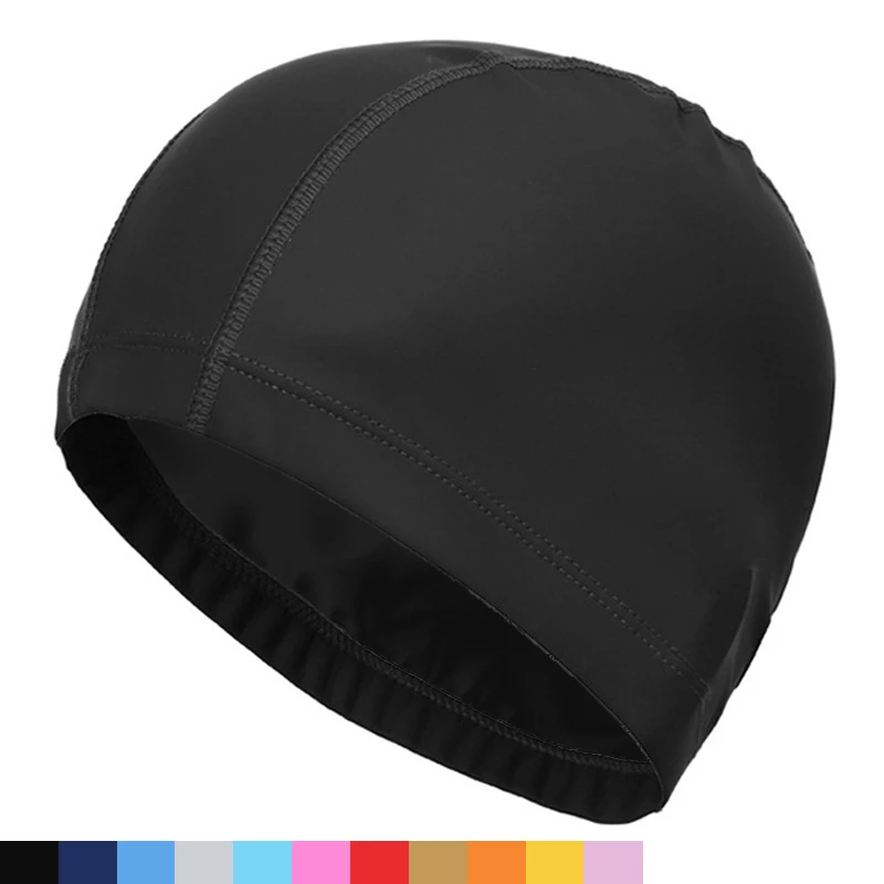 Gorro de natación de tela PU para hombre y mujer, gorro impermeable para piscina, deportes acuáticos, protege las orejas, gorros de baño de pelo largo de talla grande para adultos