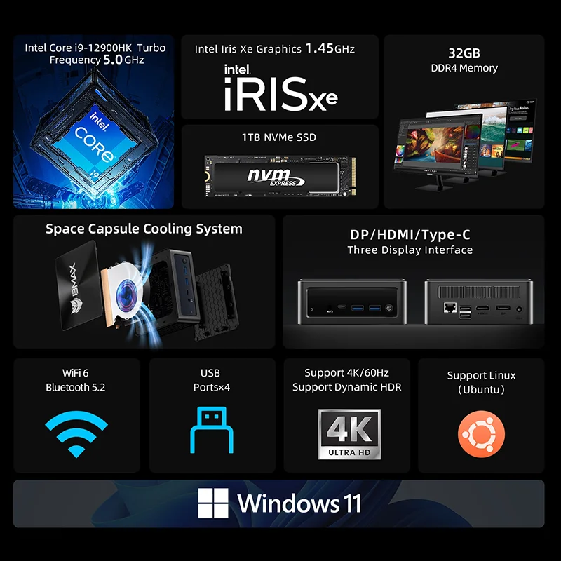 BMAX B9 Power Mini PC Intel Core i9-12900H Turbo Frequenza 5.0GHz 32GB DDR4 RAM 1TB NVMe SSD WiFi 6 Bluetooth 5.2