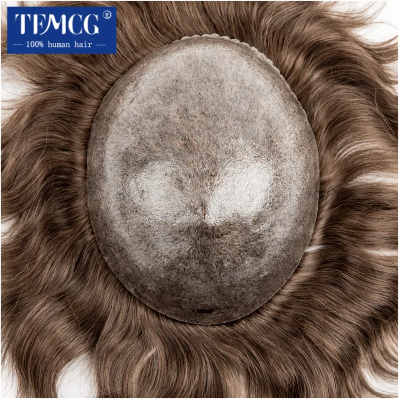 ชายผมเทียมผิวฐาน Toupee ผู้ชายทนทานวิกผมสําหรับชาย 100% มนุษย์ธรรมชาติระบบผู้ชาย Capillary Prosthesis