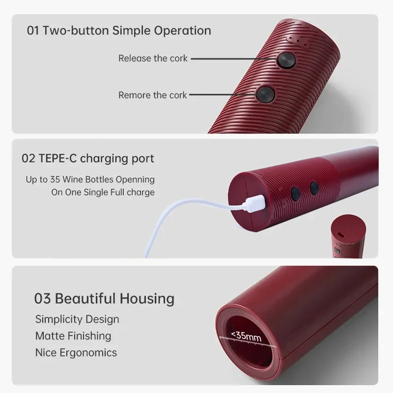 ที่เปิดขวดไวน์ไฟฟ้าอัตโนมัติสีแดงไวน์ Corkscrew ชาร์จที่เปิดไวน์ One-Click ปุ่มไวน์เครื่องมือห้องครัวผลิตภัณฑ์