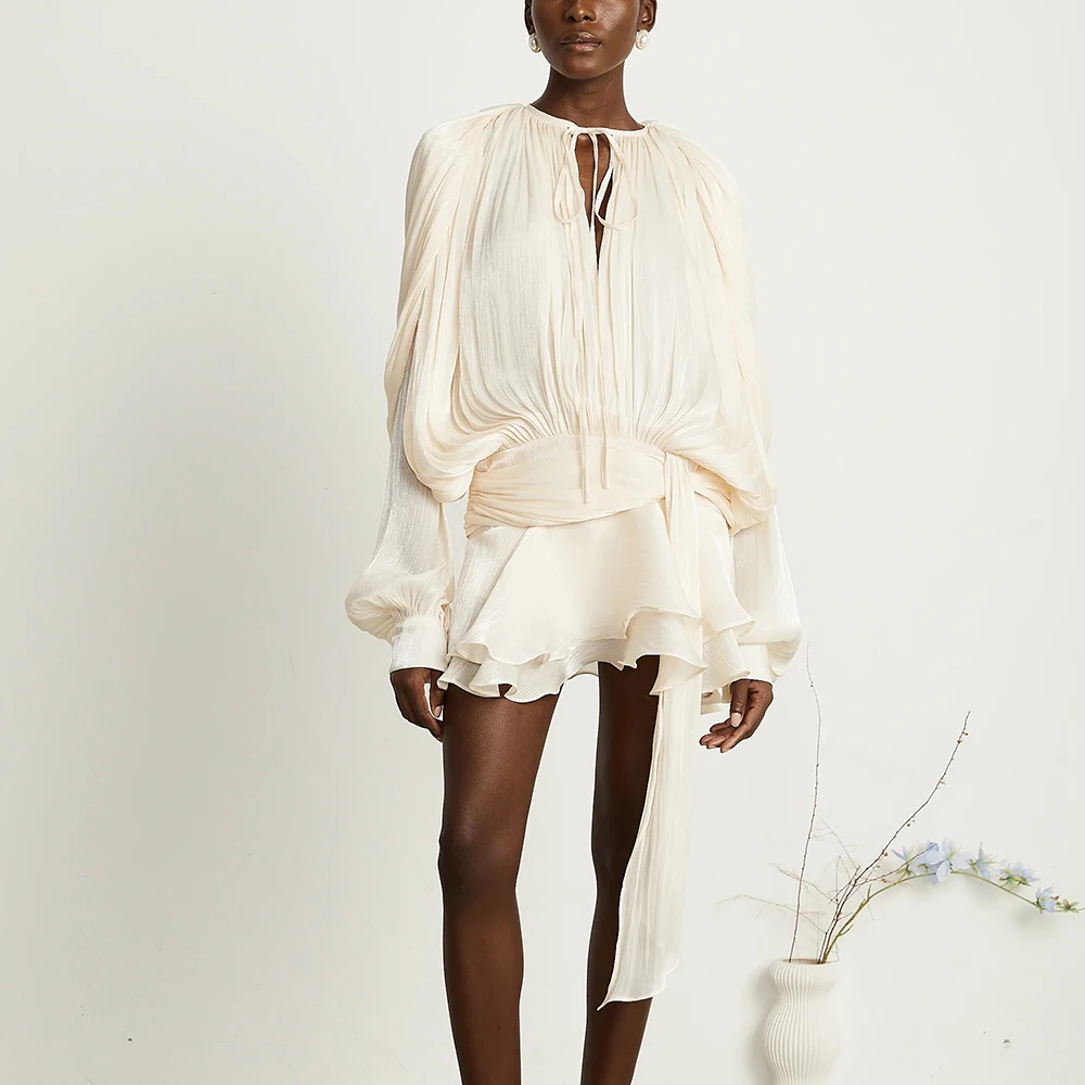 TWOTWINSTYLE Solide Verstärktes Spitze Up Lose Kleider Für Frauen O Hals Langarm Hohe Taille Temperament Kleid Weibliche Mode Neue