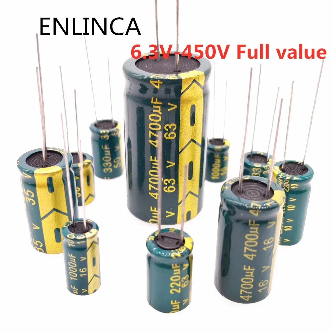 Condensador de aluminio de alta frecuencia, 6,3 V, 10V, 16V, 25V, 35V, 50V, 100V, 250V, 400V, 450V, 22uf, 100uf, 470uf, 680uf, gran oferta