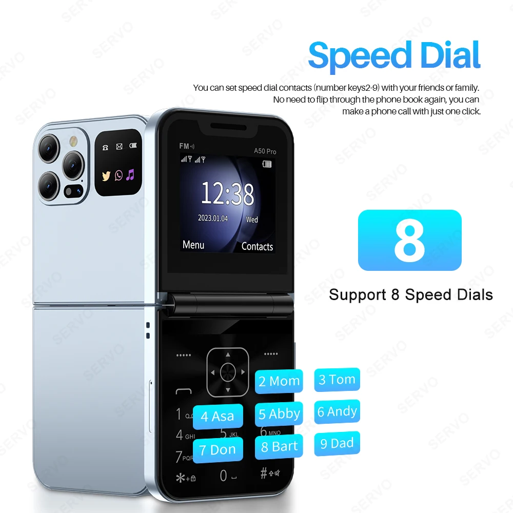 โทรศัพท์มือถือพับได้ SERVO A50 PRO รองรับสองซิม บันทึกเสียงสนทนา โทรด่วน รายการดำ วิทยุ FM 2G GSM โทรศัพท์แบบกดปุ่ม