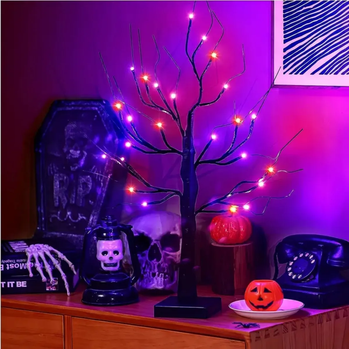 1 unidad de 24 LED naranja y morado iluminado para Halloween, luz de árbol de abedul Artificial, luces de ramas negras DIY, mesa espeluznante para Halloween