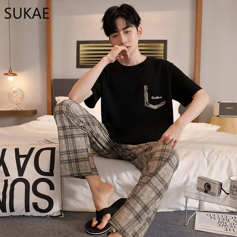 SUKAE ชาย Lougewear PLUS ขนาด L-5XL ฤดูร้อนผ้าฝ้ายชุดนอนสําหรับชายผู้ชาย Pj แขนสั้นเต็มกางเกงชุดนอนบุรุษชุด