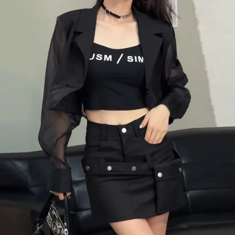 เสื้อเบลเซอร์กันแสงแดดของผู้หญิงเสื้อครอปแบบผ่าหลังผ่าข้างแนวสตรีทเย็บปะติดที่สวยงามใส่2023แฟชั่นสำหรับสาวออฟฟิศ