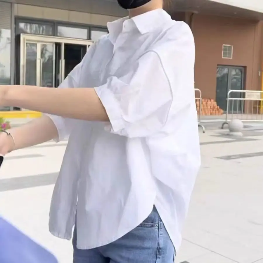 เสื้อผู้หญิง  ผ้าฝ้ายแขนกลางบางผู้หญิง blous shir 2025ฤดูร้อนใหม่หลวมแฟชั่นไม่สม่ำเสมอเสื้อลำลองวันหยุดเกาหลีผู้หญิง Clothes