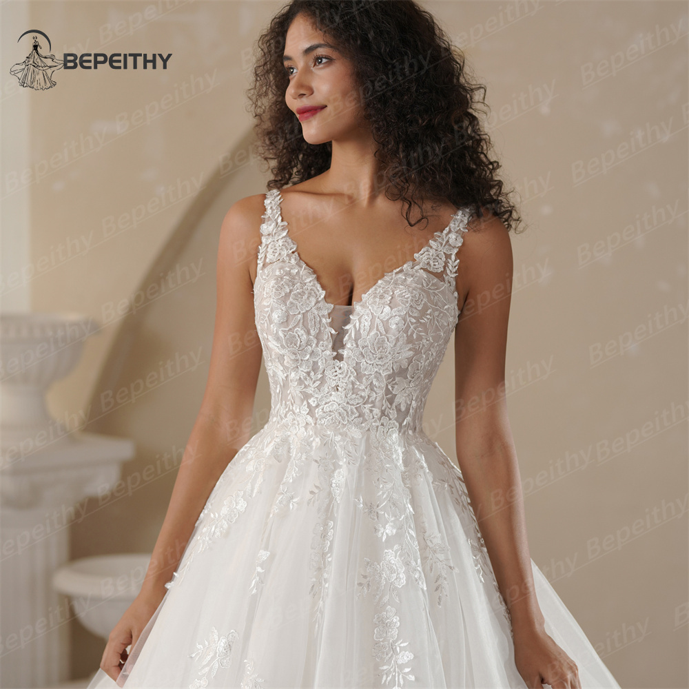 BEPEITHY – Robe De mariée trapèze personnalisée, col en V, sans manches, en dentelle, Vintage, style Boho, 2025