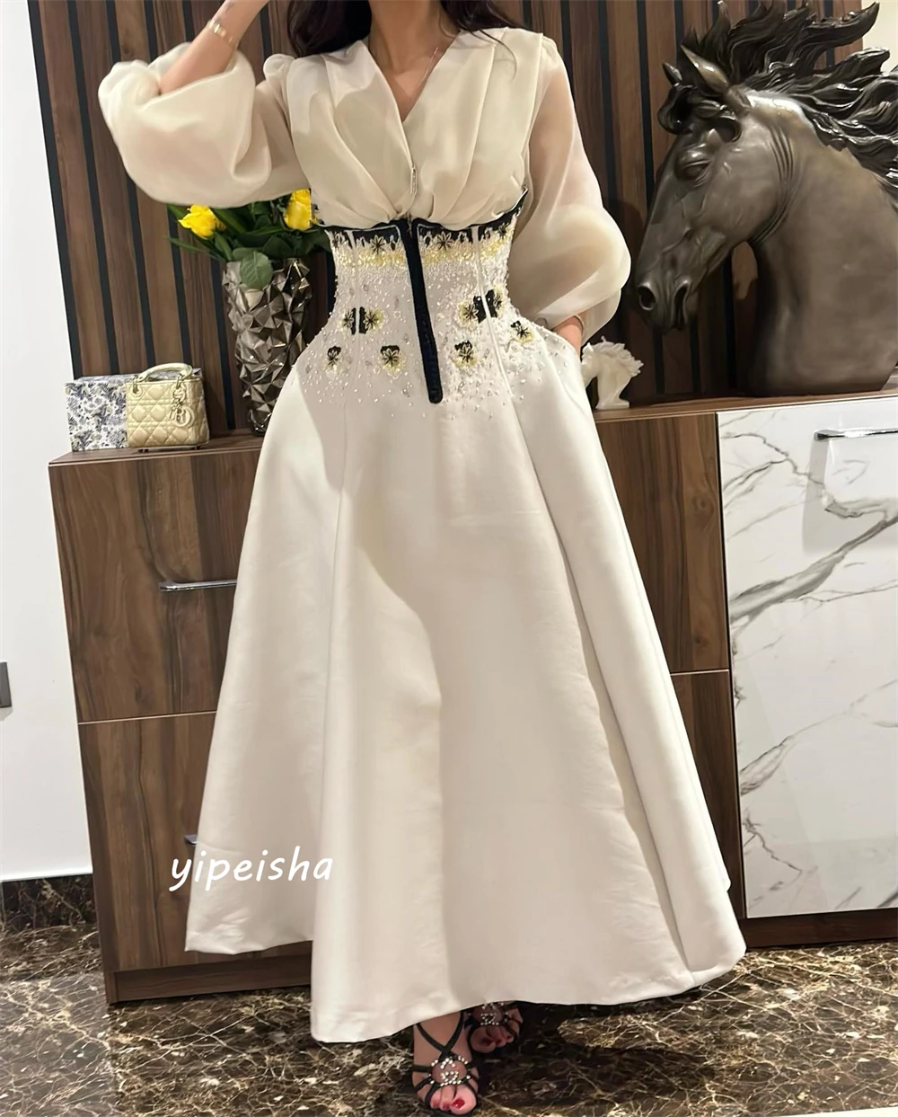 Personalizado jiayigong s applique drapeado festa de casamento a linha com decote em v vestido de ocasião sob medida vestidos longos arábia saudita