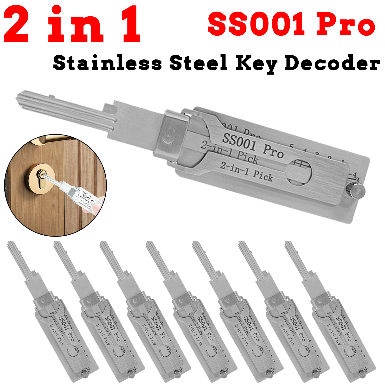 Key Decoder SS001Pro Stainless Steel Key Decoder SS001Pro 2-in-1 Portable Locksmith Tool O-ring Pickup Repair Kit Key Pickup Kit