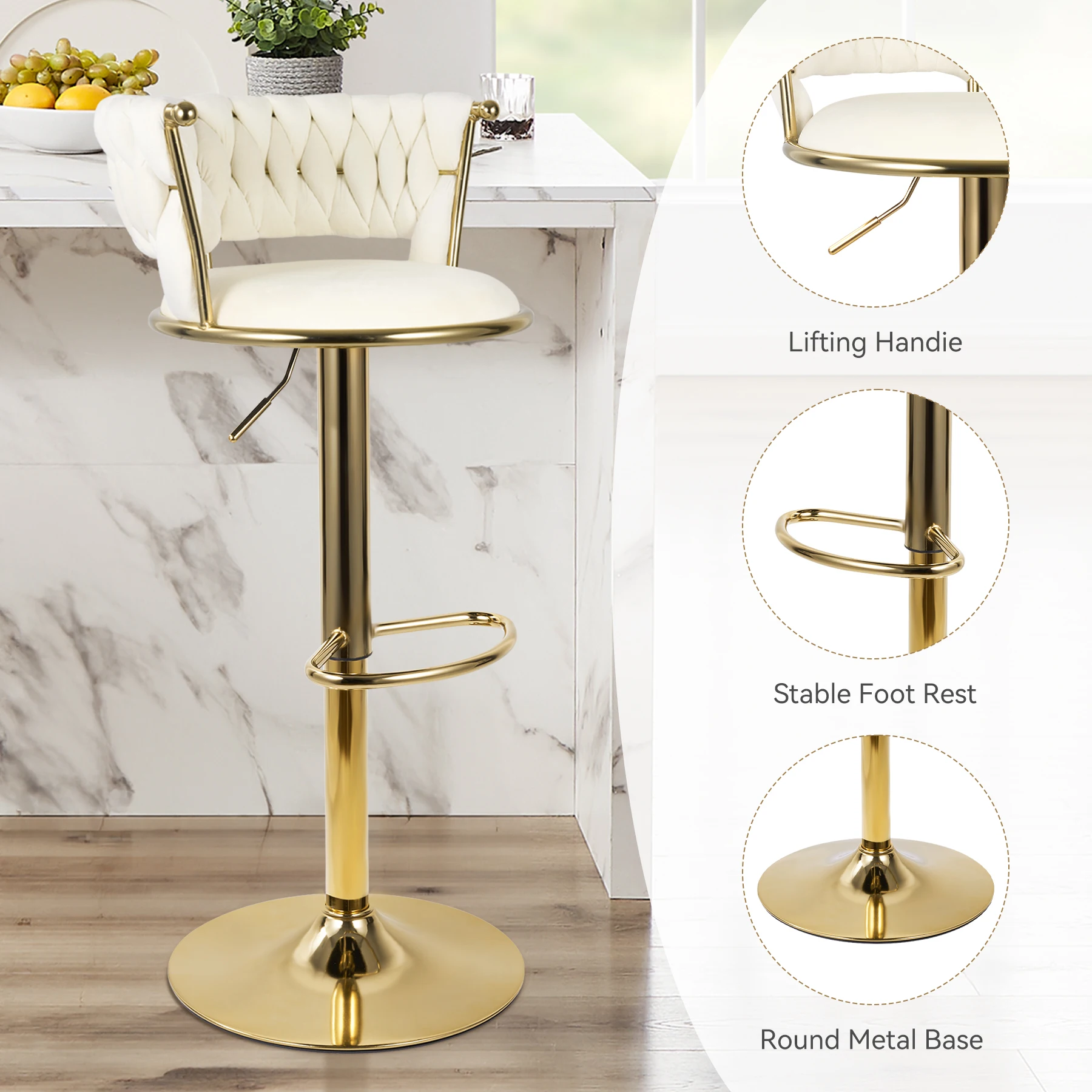 2 Pcs Modern Rotary Bar Chair, 360° Adjustable Counter Height Bar Stool, With Backrest, Suitable For Bar, Kitchen, Restaurant