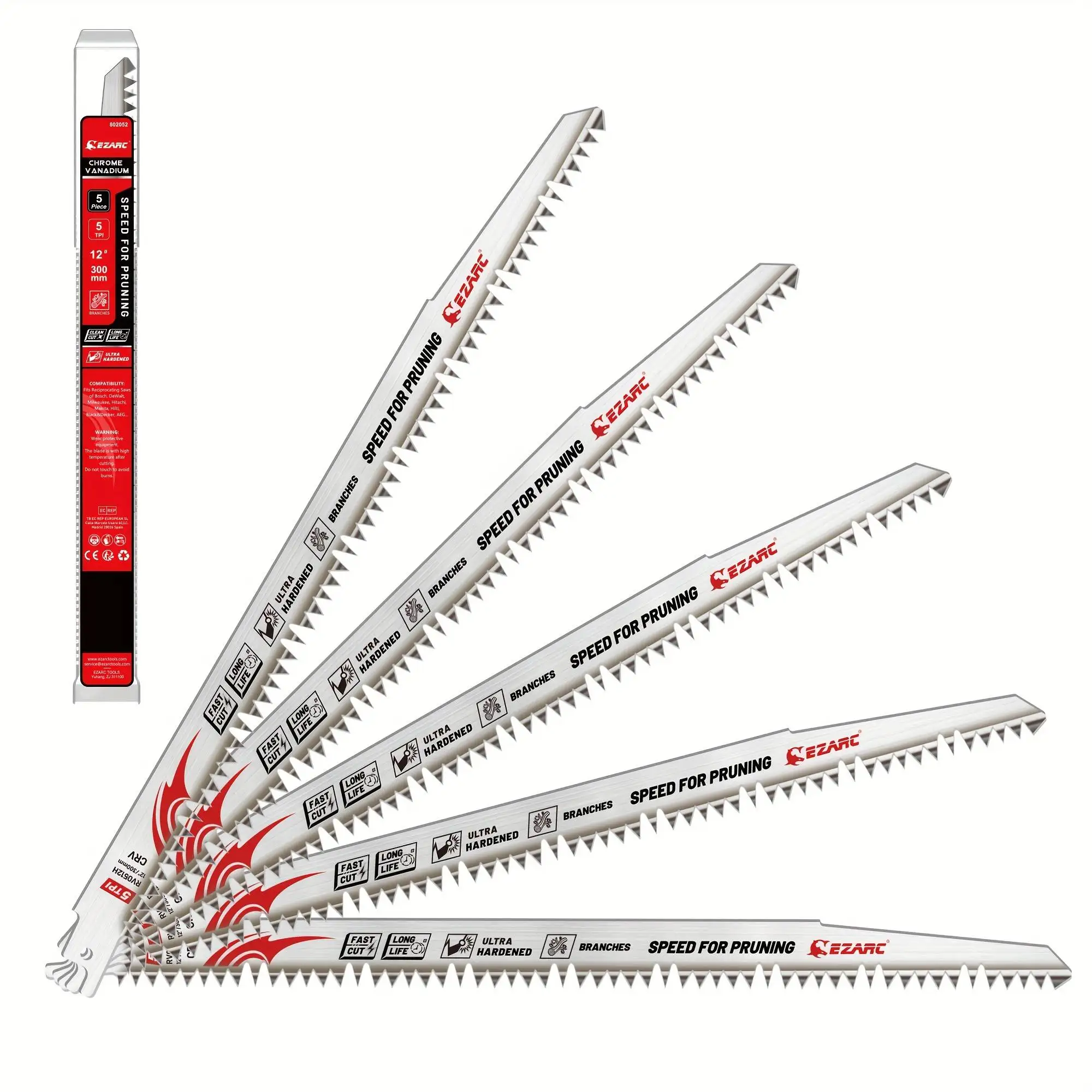 9''/12" Wood Pruning Reciprocating Saw Blades 5PCS Ground Teeth Pruning Saw Blades Set for Tree Trimming, Wood Cutting